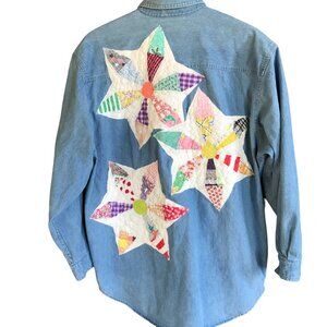 Upcycled Jean Shirt Jacket, Size L: Vintage Quilt Patchwork, Boho Wearable Art
